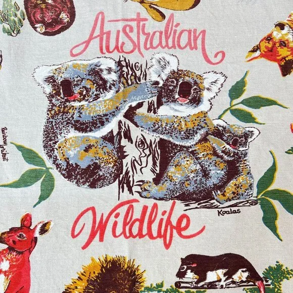 Vintage Wildlife Of Australia Linen Tablecloth Wall Hanging Koala Bear 52” X 45” - Picture 9 of 9